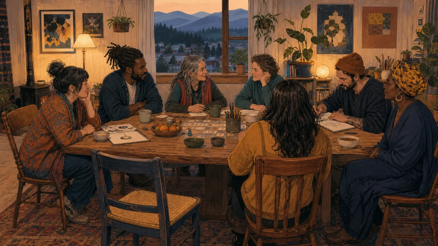 Illustrated group of adults talking, drawing, and playing a tabletop game around a warm community table with an open chair.