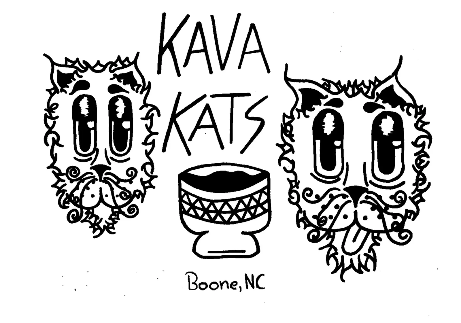 Kat Presnell’s original Kava Kats drawing with two cats beside a kava bowl and Boone, NC lettering.